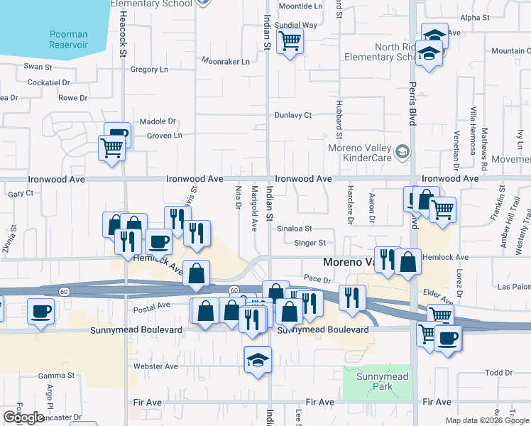 map of restaurants, bars, coffee shops, grocery stores, and more near 12105 Indian Street in Moreno Valley