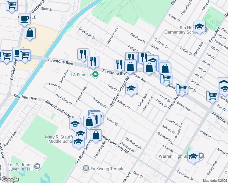 map of restaurants, bars, coffee shops, grocery stores, and more near 7370 Neo Street in Downey