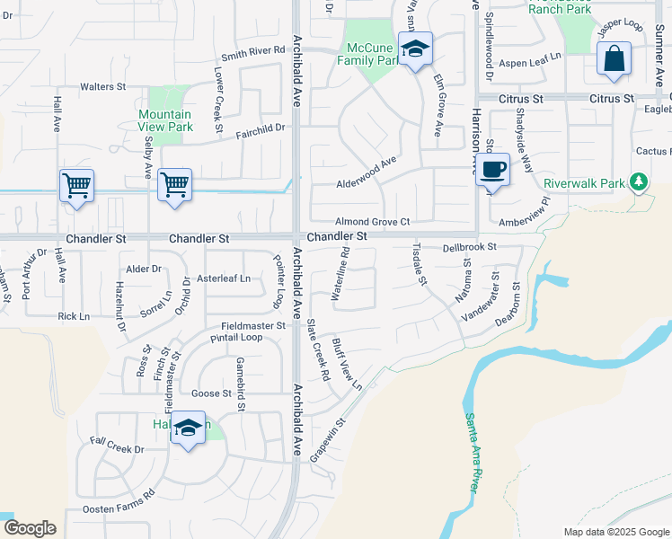 map of restaurants, bars, coffee shops, grocery stores, and more near 7863 Waterline Road in Corona