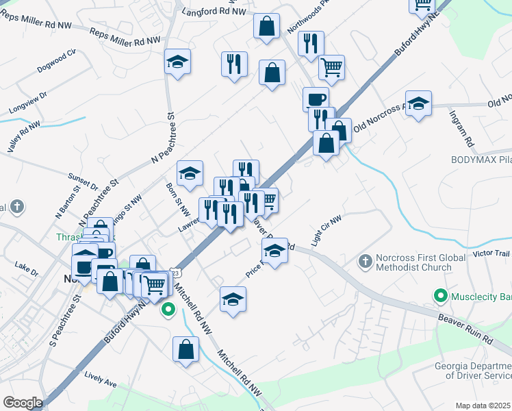 map of restaurants, bars, coffee shops, grocery stores, and more near 5440 U.S. 23 in Norcross