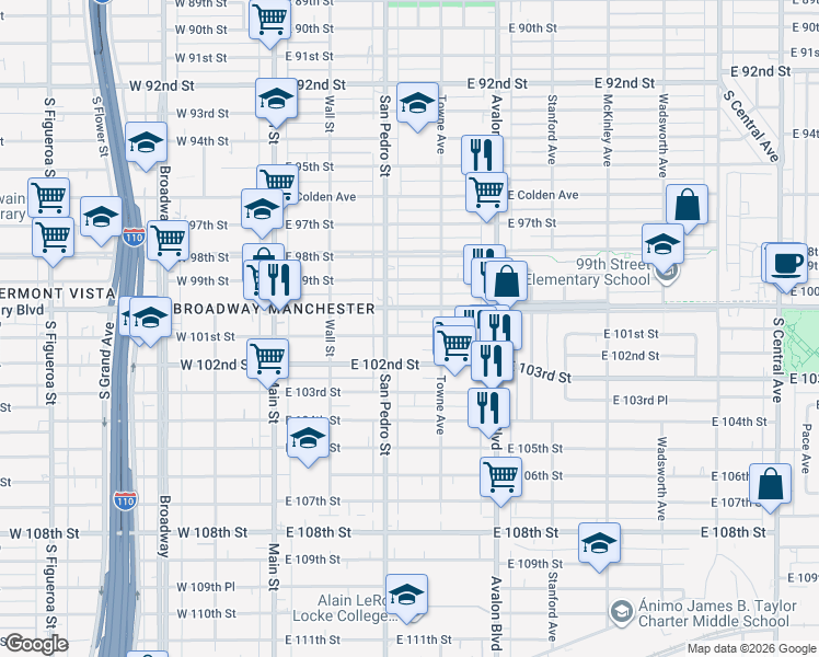 map of restaurants, bars, coffee shops, grocery stores, and more near 327 East 101st Street in Los Angeles