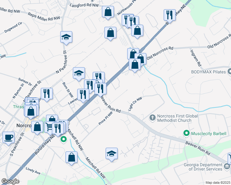 map of restaurants, bars, coffee shops, grocery stores, and more near 563 Davidson Drive Northwest in Norcross
