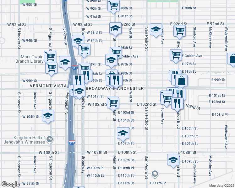 map of restaurants, bars, coffee shops, grocery stores, and more near 10018 Main Street in Los Angeles