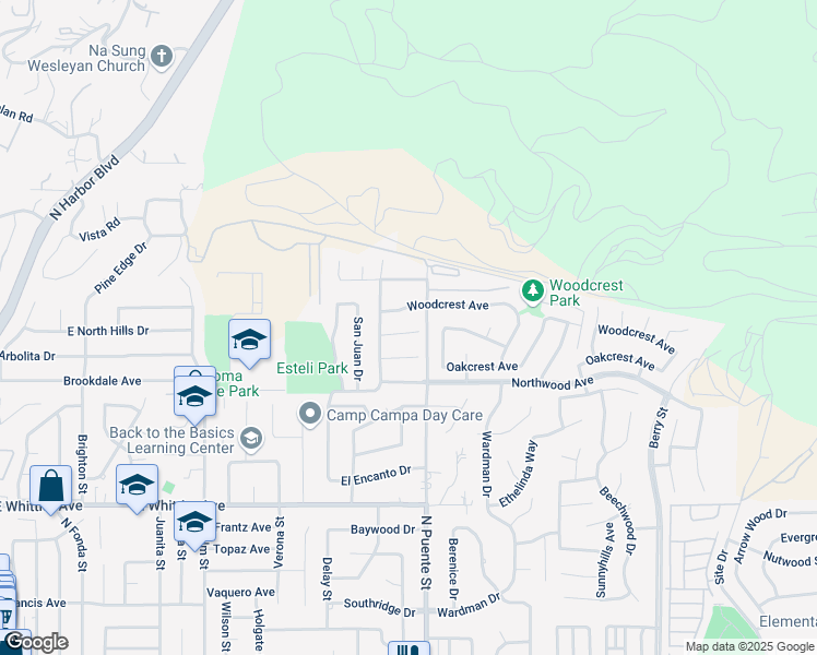 map of restaurants, bars, coffee shops, grocery stores, and more near 1264 Birchcrest Avenue in Brea