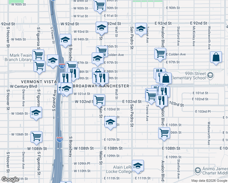map of restaurants, bars, coffee shops, grocery stores, and more near 153 East 101st Street in Los Angeles