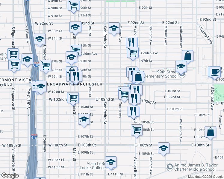 map of restaurants, bars, coffee shops, grocery stores, and more near 327 East 101st Street in Los Angeles
