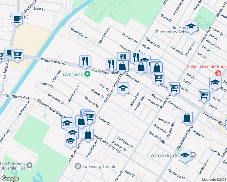 map of restaurants, bars, coffee shops, grocery stores, and more near 11524 Old River School Road in Downey