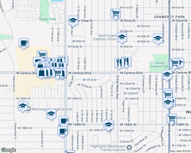 map of restaurants, bars, coffee shops, grocery stores, and more near 2508 West Century Boulevard in Inglewood