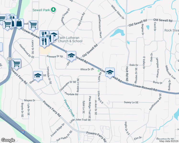 map of restaurants, bars, coffee shops, grocery stores, and more near 2324 Ithica Drive Southeast in Marietta