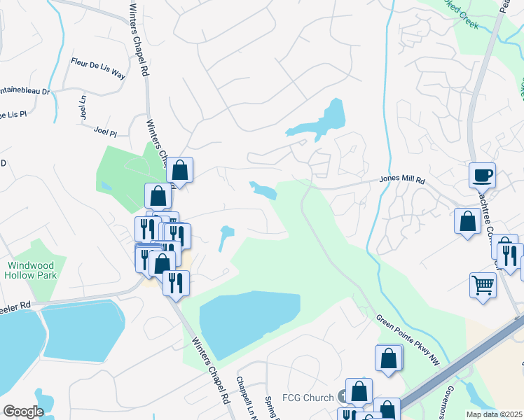 map of restaurants, bars, coffee shops, grocery stores, and more near 6889 Lake View Lane in Doraville