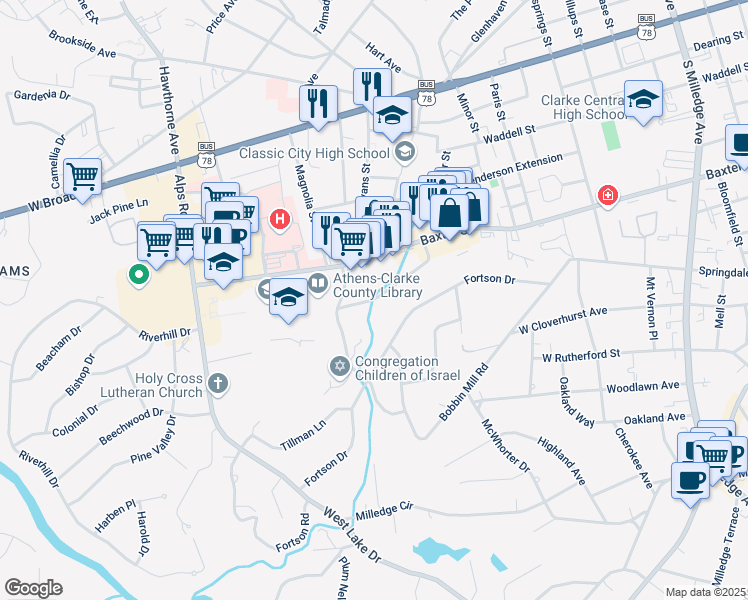 map of restaurants, bars, coffee shops, grocery stores, and more near 185 Baxter Drive in Athens