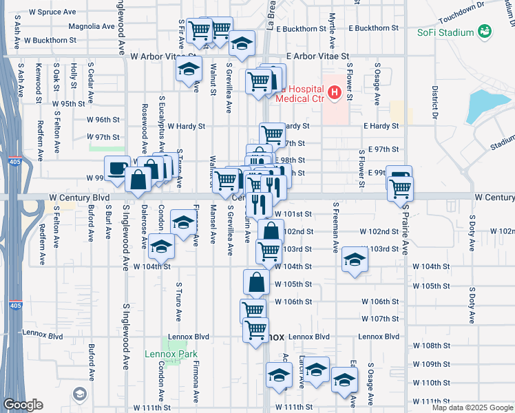 map of restaurants, bars, coffee shops, grocery stores, and more near in Inglewood
