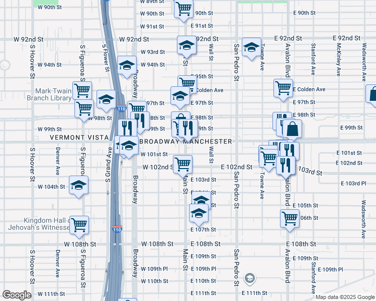 map of restaurants, bars, coffee shops, grocery stores, and more near 10018 Main Street in Los Angeles