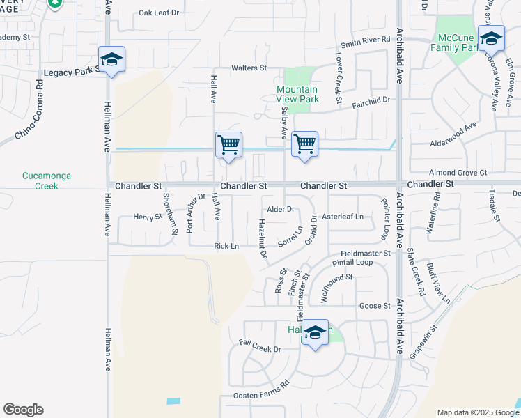 map of restaurants, bars, coffee shops, grocery stores, and more near 7861 Hazelnut Drive in Eastvale