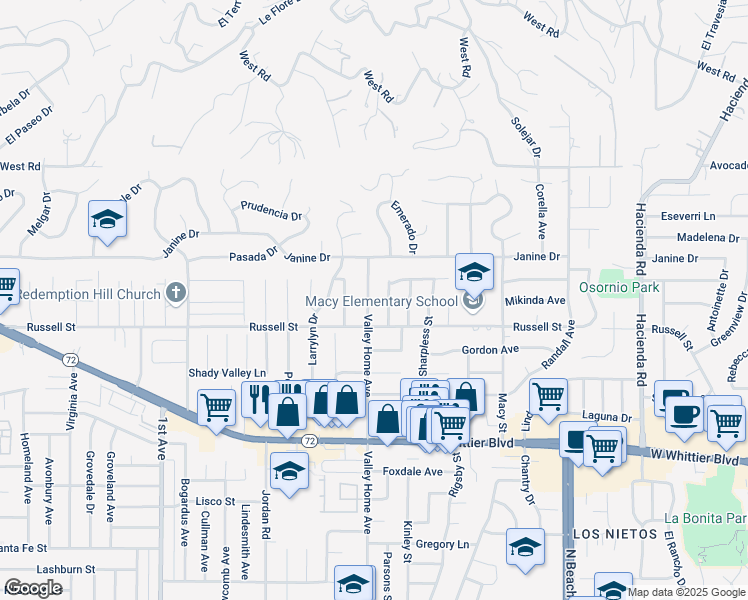 map of restaurants, bars, coffee shops, grocery stores, and more near 1400 Valley Home Avenue in La Habra