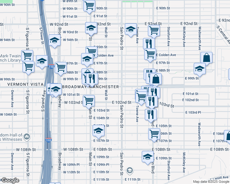 map of restaurants, bars, coffee shops, grocery stores, and more near 235 East 101st Street in Los Angeles