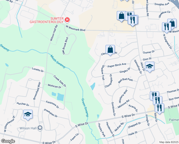 map of restaurants, bars, coffee shops, grocery stores, and more near 2455 Clematis Trail in Sumter