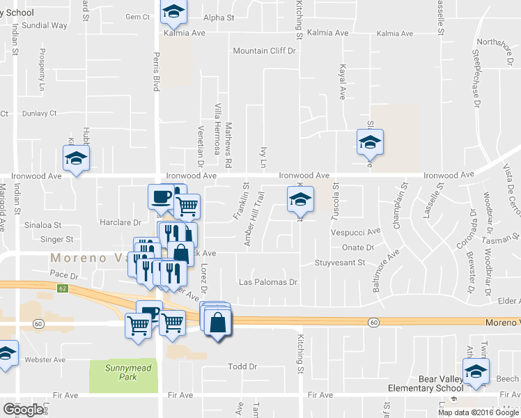 map of restaurants, bars, coffee shops, grocery stores, and more near 12092 Amber Hill Trail in Moreno Valley