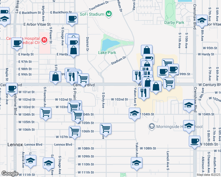 map of restaurants, bars, coffee shops, grocery stores, and more near 3750 West Century Boulevard in Inglewood
