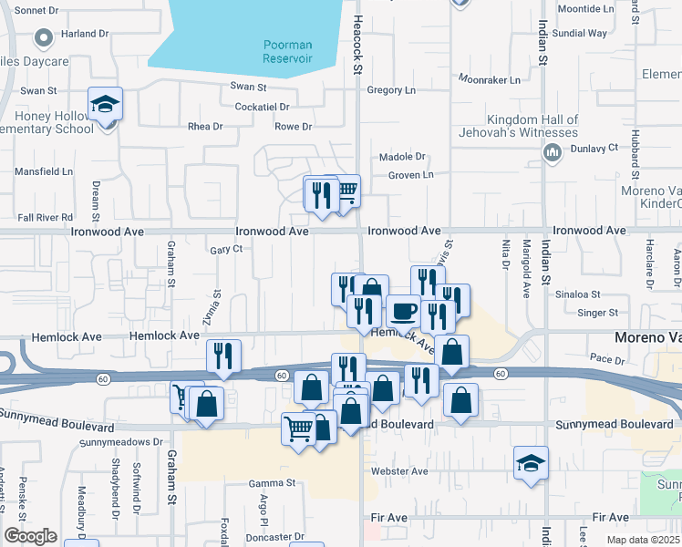 map of restaurants, bars, coffee shops, grocery stores, and more near 12094 Deerwood Lane in Moreno Valley