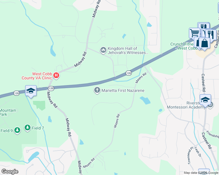 map of restaurants, bars, coffee shops, grocery stores, and more near 380 Mayes Road in Powder Springs