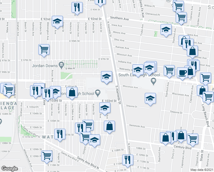 map of restaurants, bars, coffee shops, grocery stores, and more near 2265 East 103rd Street in Los Angeles