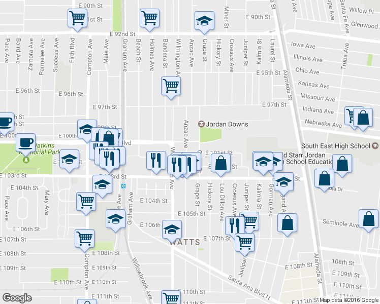 map of restaurants, bars, coffee shops, grocery stores, and more near 10022 Anzac Avenue in Los Angeles