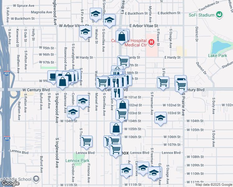 map of restaurants, bars, coffee shops, grocery stores, and more near 100111/2 Hawthorne Boulevard in Inglewood