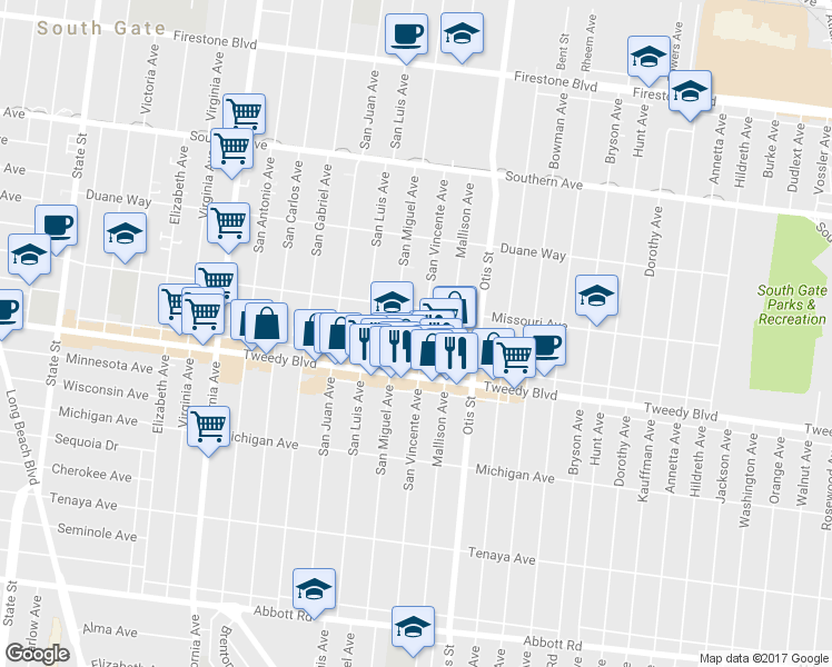 map of restaurants, bars, coffee shops, grocery stores, and more near 9801 San Vincente Ave in South Gate