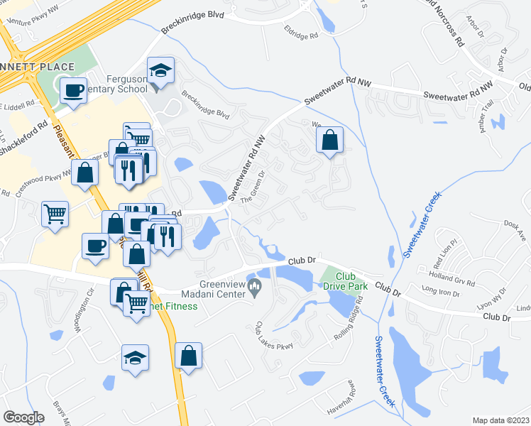 map of restaurants, bars, coffee shops, grocery stores, and more near 3392 Fairway Oaks Drive in Lawrenceville