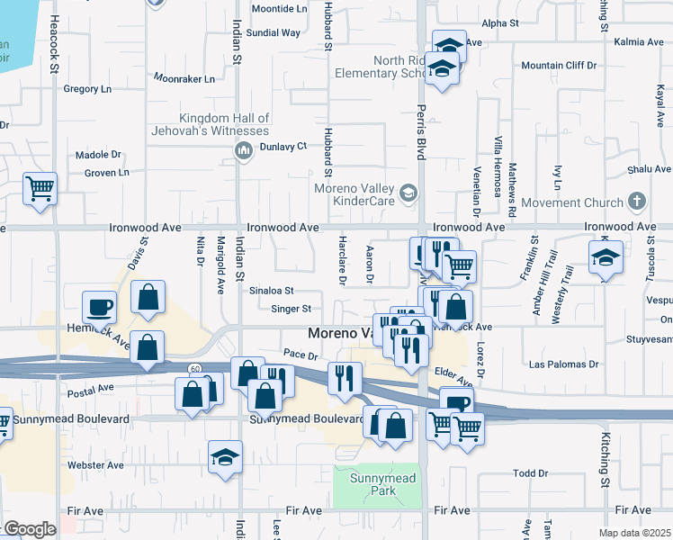 map of restaurants, bars, coffee shops, grocery stores, and more near 12101 Harclare Drive in Moreno Valley