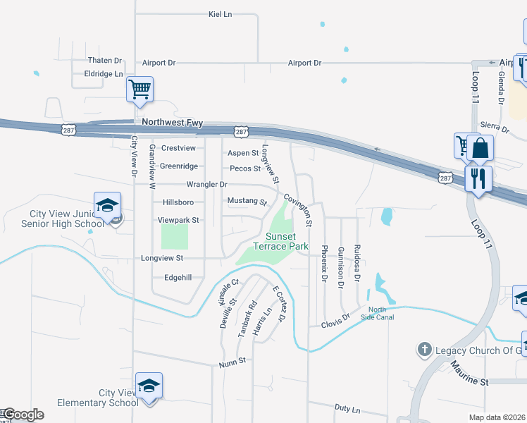 map of restaurants, bars, coffee shops, grocery stores, and more near 1634 Longview Street in Wichita Falls