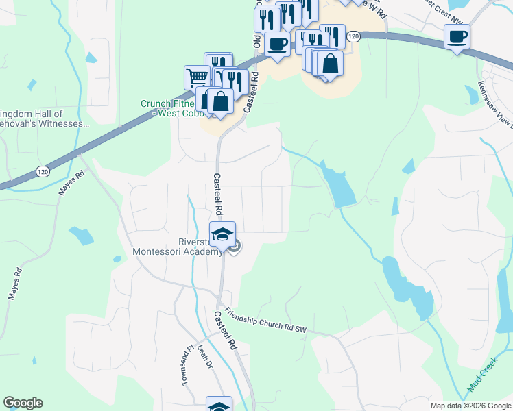 map of restaurants, bars, coffee shops, grocery stores, and more near 356 Bedford Street Southwest in Marietta