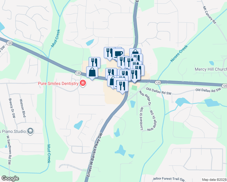 map of restaurants, bars, coffee shops, grocery stores, and more near 2535 Dallas Highway in Marietta