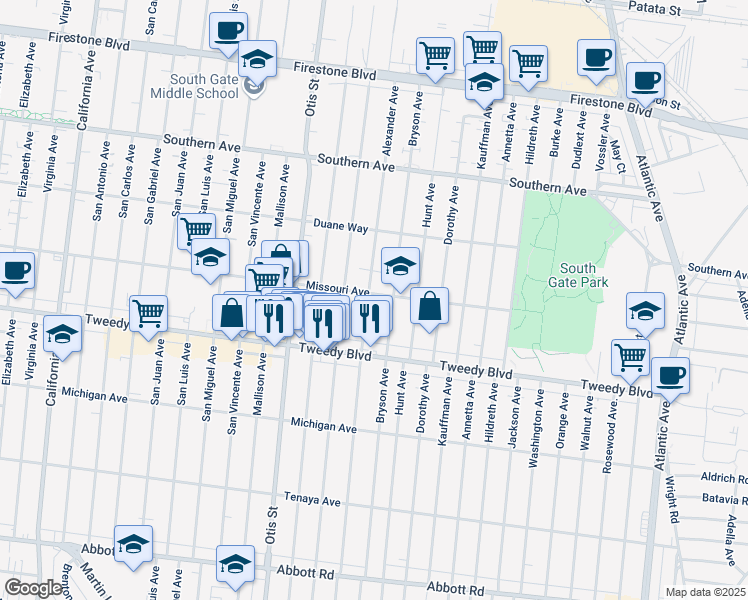 map of restaurants, bars, coffee shops, grocery stores, and more near 9710 Alexander Avenue in South Gate