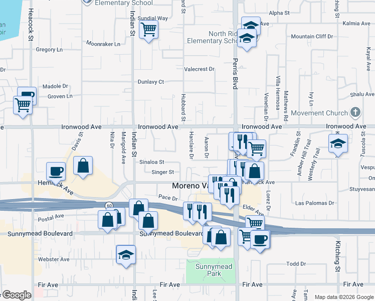 map of restaurants, bars, coffee shops, grocery stores, and more near 12101 Harclare Drive in Moreno Valley