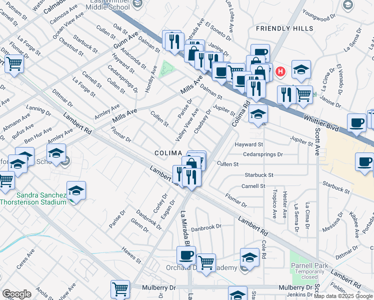 map of restaurants, bars, coffee shops, grocery stores, and more near 14806 Starbuck Street in Whittier