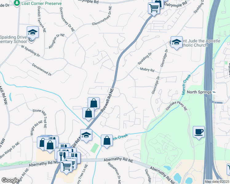 map of restaurants, bars, coffee shops, grocery stores, and more near 6951 Roswell Road in Sandy Springs