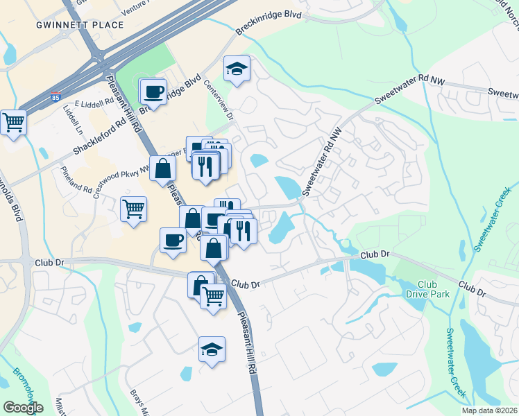map of restaurants, bars, coffee shops, grocery stores, and more near 3400 Sweetwater Road in Lawrenceville