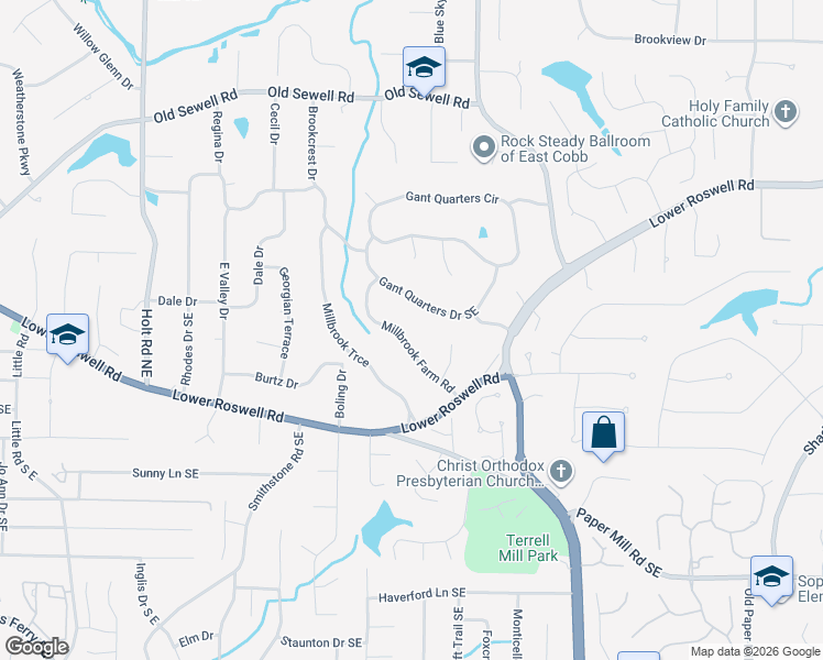 map of restaurants, bars, coffee shops, grocery stores, and more near 237 Millbrook Farm Road in Marietta