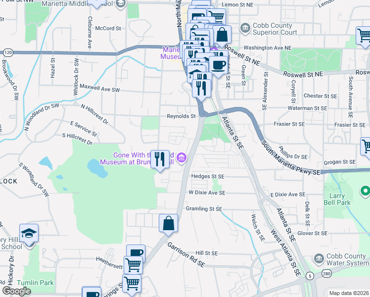 map of restaurants, bars, coffee shops, grocery stores, and more near 620 Henry Drive Southwest in Marietta