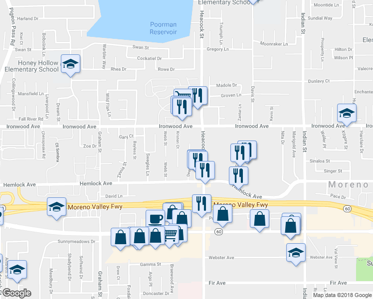 map of restaurants, bars, coffee shops, grocery stores, and more near 12093 Deerwood Lane in Moreno Valley