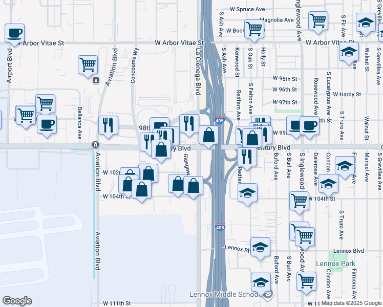 map of restaurants, bars, coffee shops, grocery stores, and more near 5200 West Century Boulevard in Los Angeles