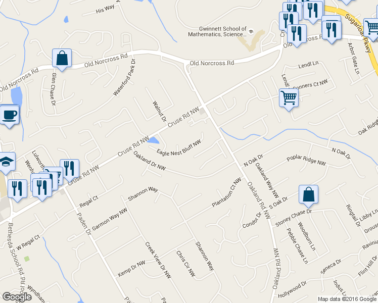 map of restaurants, bars, coffee shops, grocery stores, and more near 2120 Eagle Nest Bluff NW in Lawrenceville