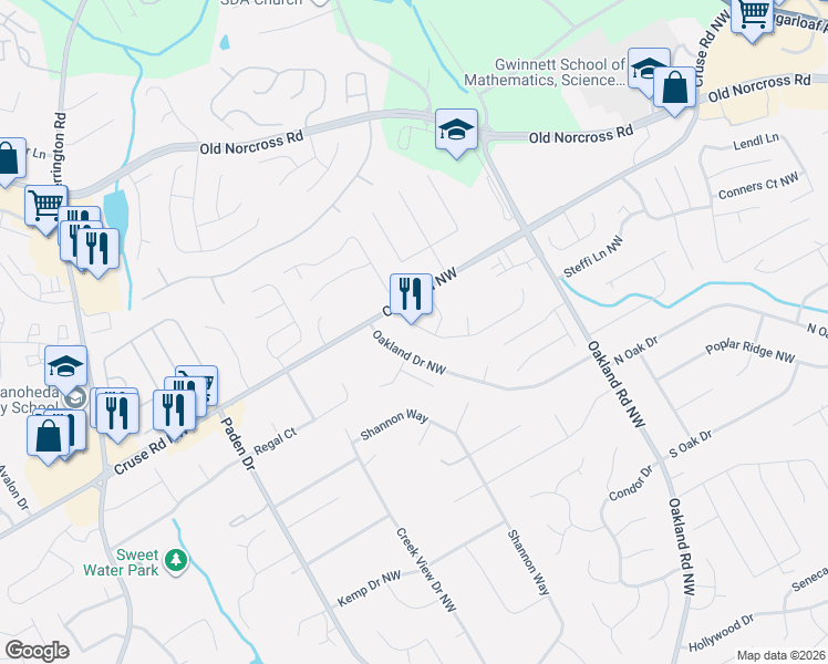 map of restaurants, bars, coffee shops, grocery stores, and more near 2260 Eagle Nest Bluff Northwest in Lawrenceville