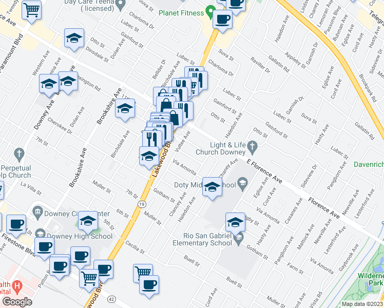 map of restaurants, bars, coffee shops, grocery stores, and more near 9061 Irwingrove Drive in Downey