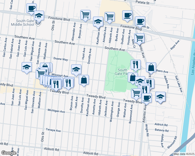 map of restaurants, bars, coffee shops, grocery stores, and more near 9633 Annetta Avenue in South Gate