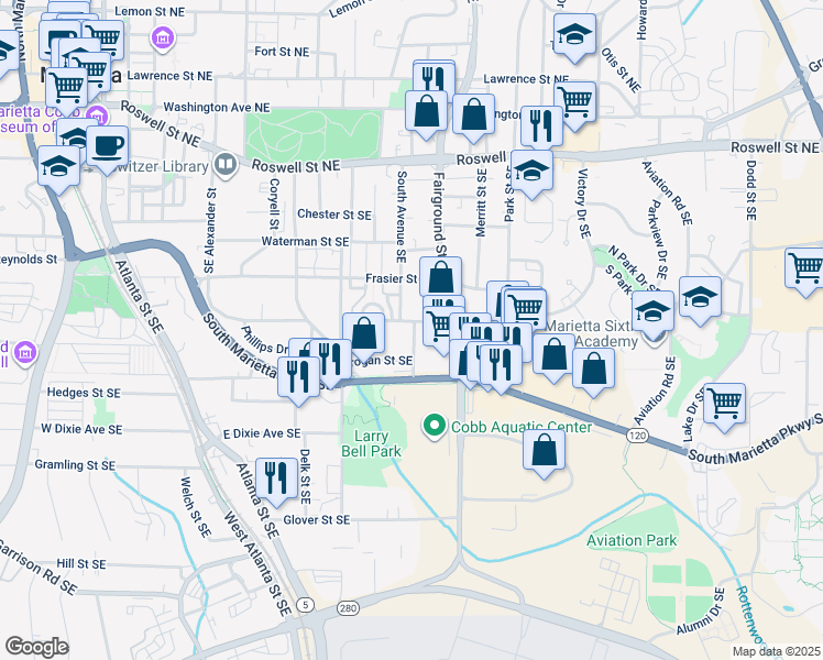 map of restaurants, bars, coffee shops, grocery stores, and more near 261 South Avenue Southeast in Marietta