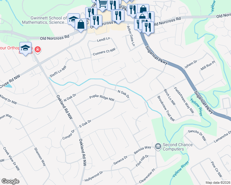 map of restaurants, bars, coffee shops, grocery stores, and more near 1872 North Oak Drive in Lawrenceville