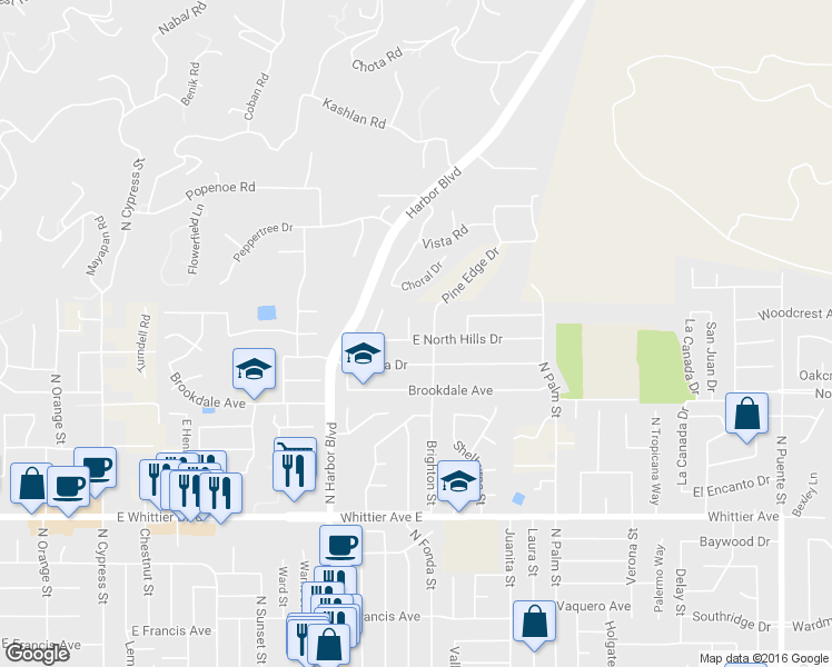 map of restaurants, bars, coffee shops, grocery stores, and more near 1400 Pamela Ln in La Habra